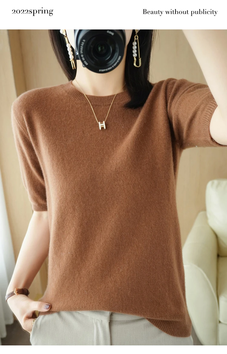 Spring 2022 New Women's O-Neck Short-Sleeved Exquisite Cashmere Sweater Pullover
