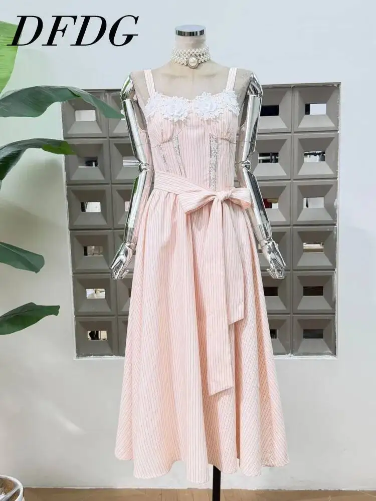 

DFDG Women 2026 Spring Summer Striped Corset Midi Dress Spaghetti Strap Lace Trim Waist Bow Belt Flared Hem Elegant Party Dress
