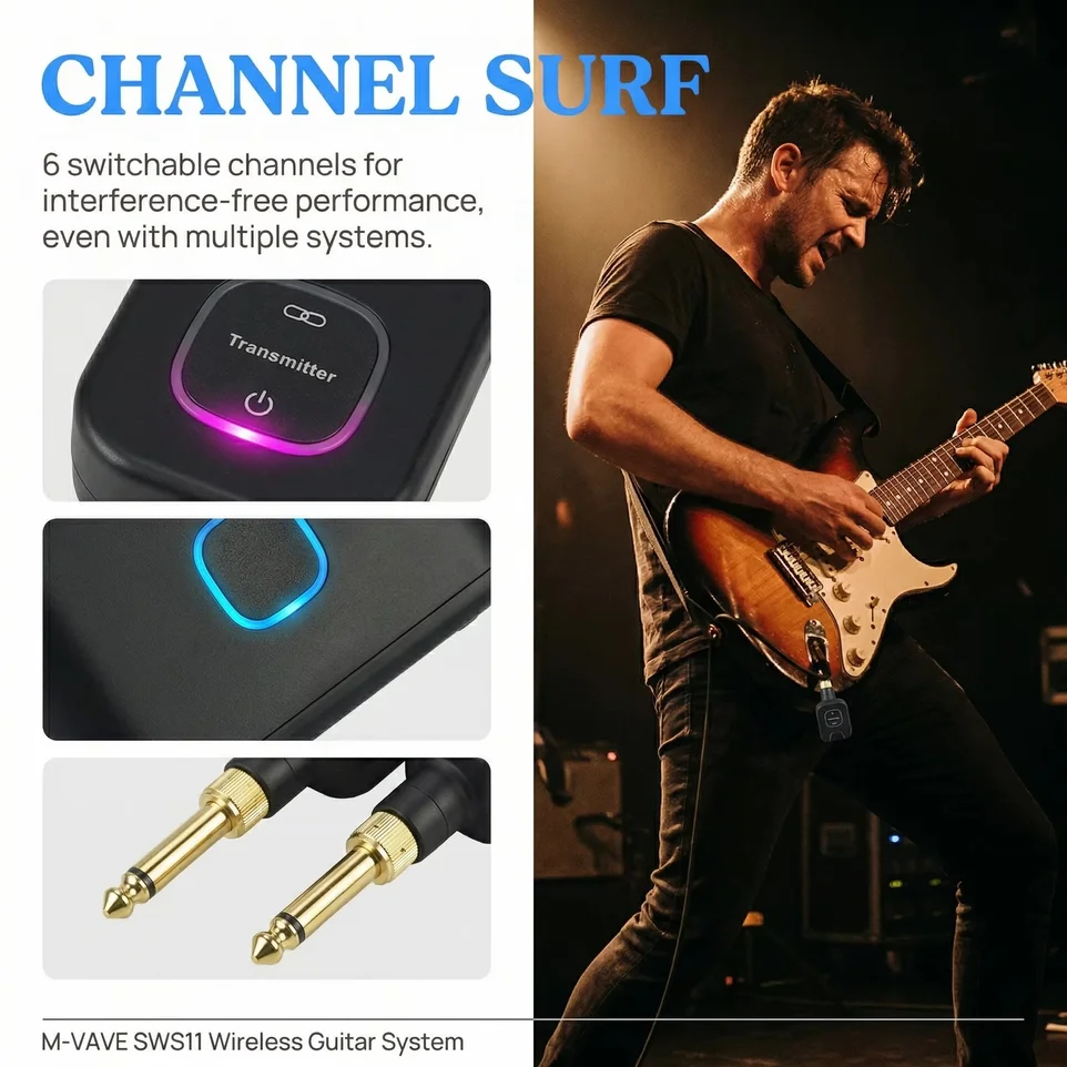 M-VAVE WP-11 Rechargeable Wireless Guitar System 5.8GHz Transmitter Receiver Set 6 Signal Channel 48K/24bit Resolution