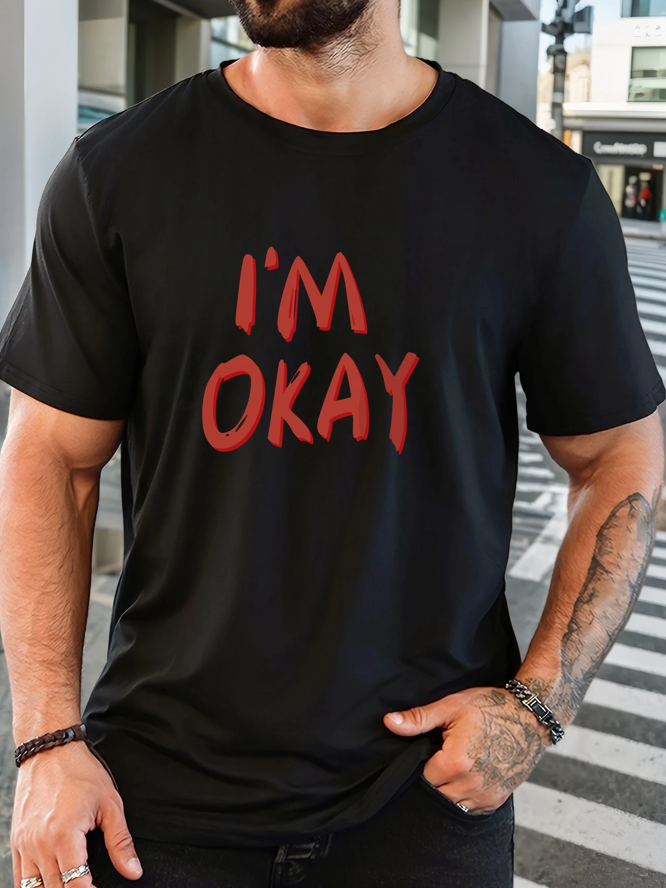 

Men's 100% Cotton Printed T-Shirt I'M OKAY Pattern Summer Casual Oversized Round Neck Short Sleeve Comfortable Daily Wear Tee