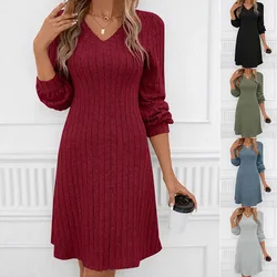 2024 Autumn/winter V-neck Brushed Pit Stripe Long Sleeved Dress Top for Women Sweater Dress Sueter Mujer Свитер Женский