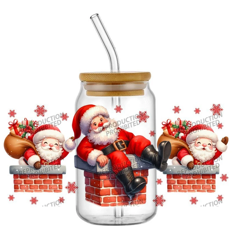 

New Santa Christmas Decoration 16oz Libbey UV DTF Cup Wrap Transfer Custom Label DIY Logo Self adhesive Mug Decal Sticker