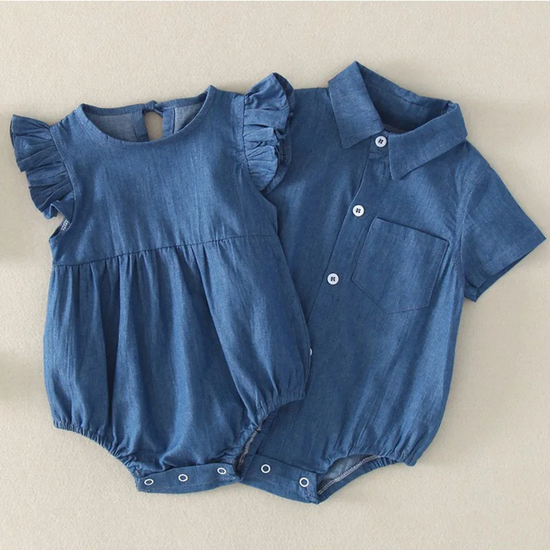 2024 New Summer Newborn Baby Girls Boys Bodysuits Short Sleeved Solid Denim Brother And Sister Clothing Infant Baby Jumpsuit