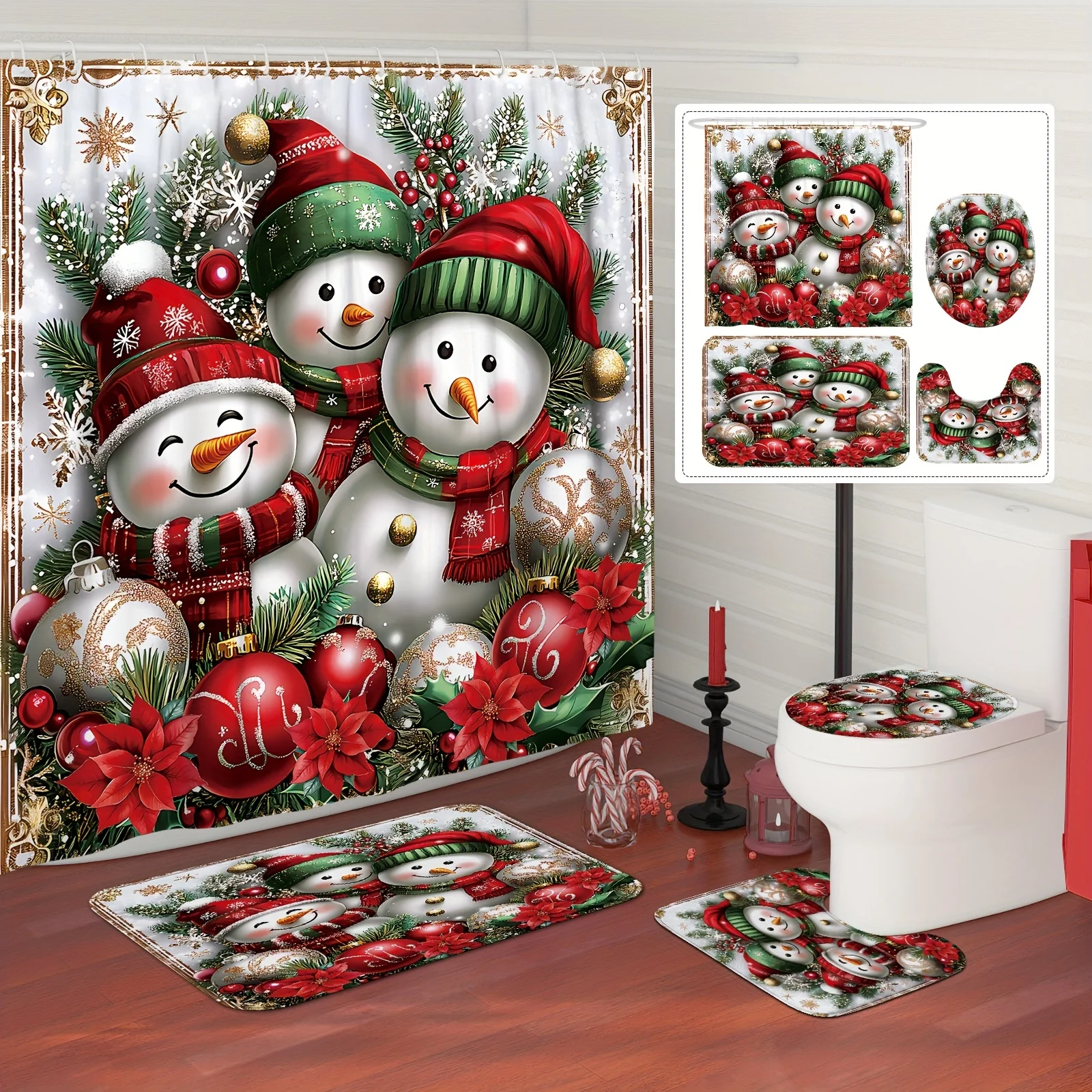4PCS Christmas Snowman Shower Set – Red Green Holly & Ball Print 12 Hooks Non-Slip Mat U-Seat Cover Holiday Decor