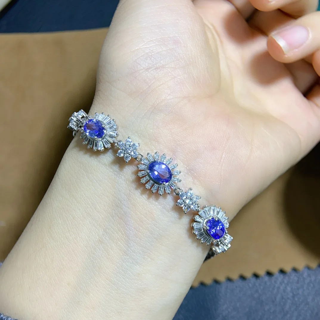 

Natural Tanzanite Bracelet, 5x7mm Vivid Purple Eye-Clean Gemstone, Dazzling Fire S925 Sterling Silver Precision Setting Jewelry