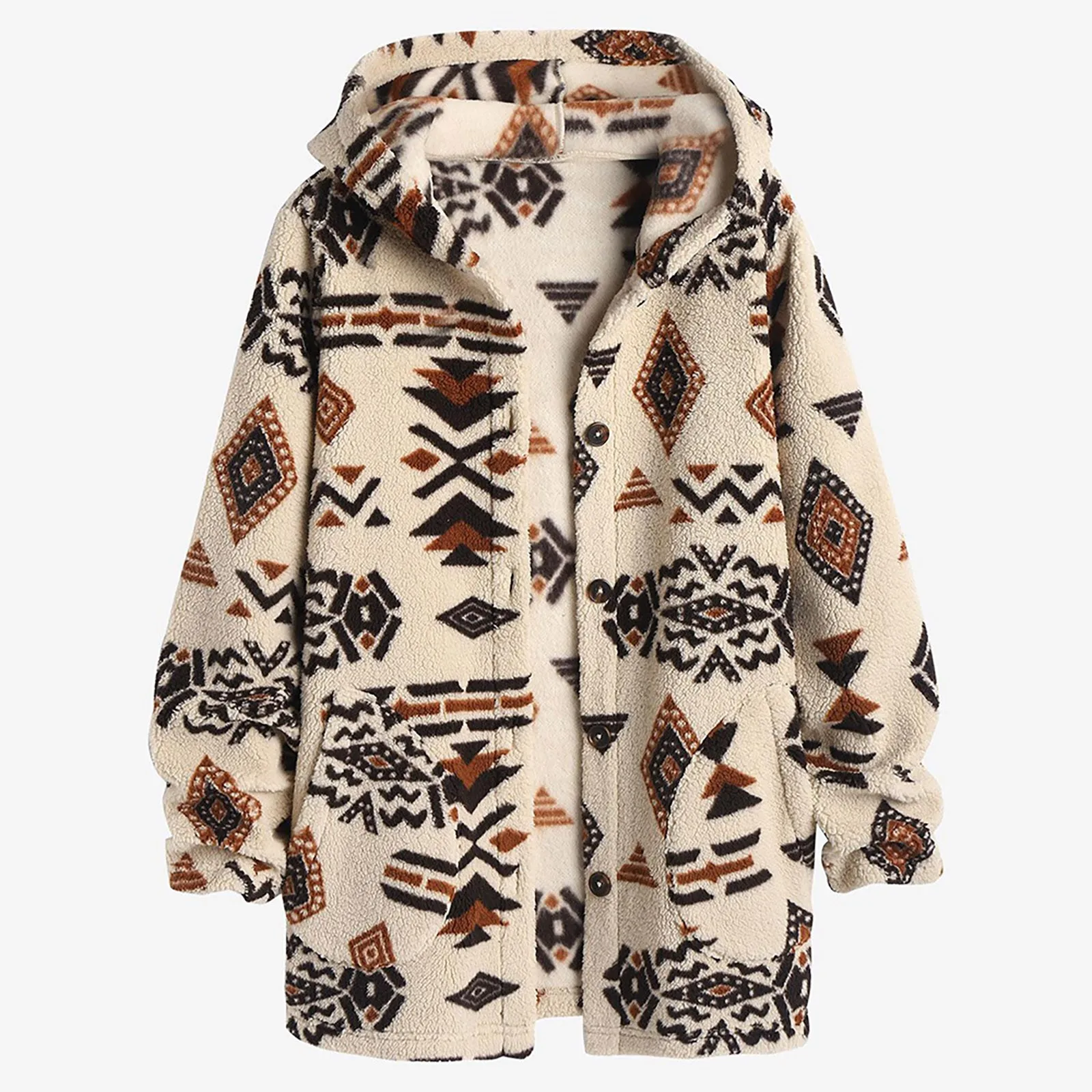 2024 Fall Winter Women's Fleece Jackets Ethnic Style Hooded Coat With Pockets Printed Fluffy Teddy Fabric Coat Warm Outerwear