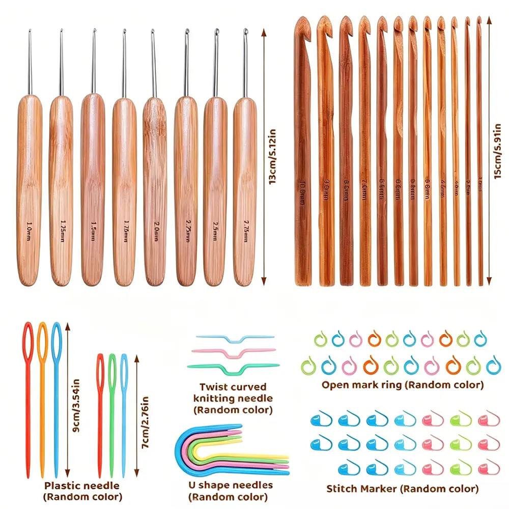 74pcs Bamboo Crochet Hooks Set Yarn Weave Craft Sewing Tools With Portable Storage Bag Knitting Crochet Hook Set Sewing Tools