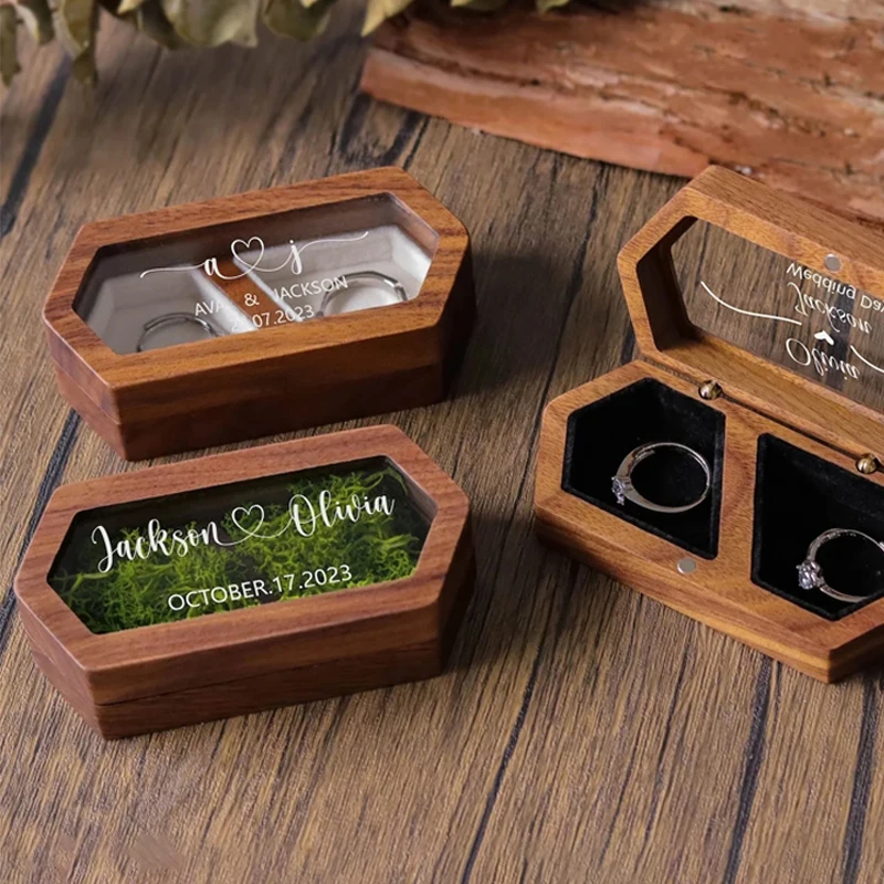 1PC Free Personalized Walnut Wooden Ring Box Custom Engraved Engagement Wedding Ring Holder Gift for Couples Brides and Grooms