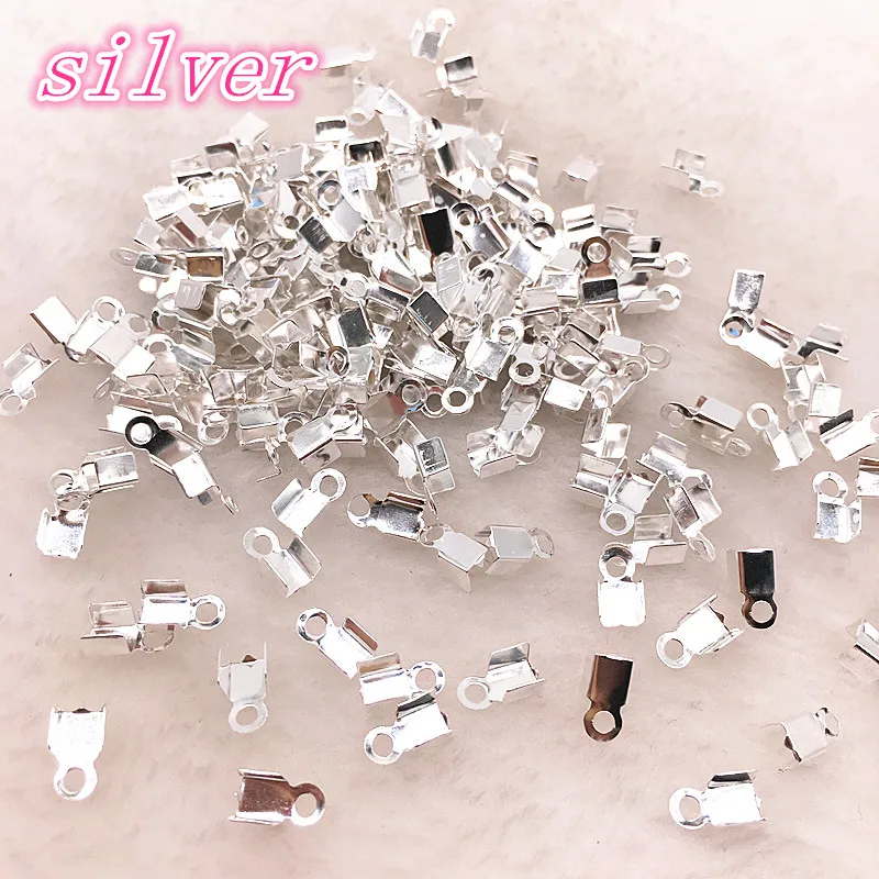 Hot 200pcs/lot 4x8mm Crimp beads cove clasps Cord End Caps String Ribbon leather Clip Foldover For Necklace Connectors