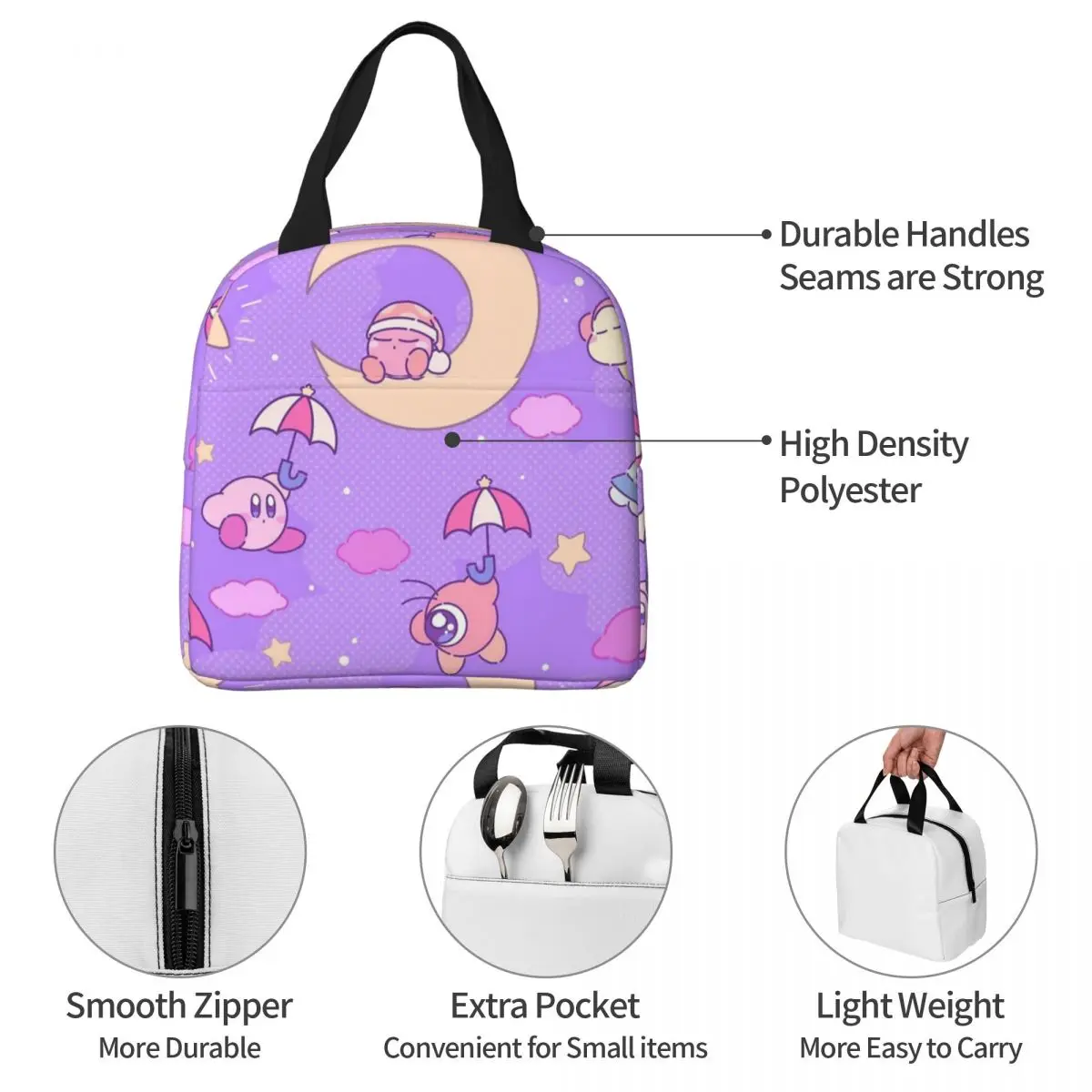 Bolsa de almuerzo con aislamiento Kirbys Night Sky Lullaby, contenedor de almuerzo de alta capacidad, bolsa refrigeradora, caja de almuerzo, bolsa de comida para oficina al aire libre