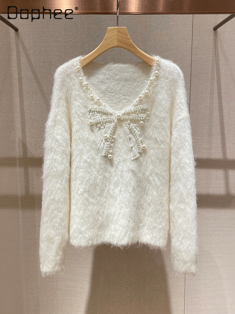 French Style Beading Bow Mink Sweater for Women Spring Autumn V Neck Long Sleeve Knitted Pullovers White Casual Sweet