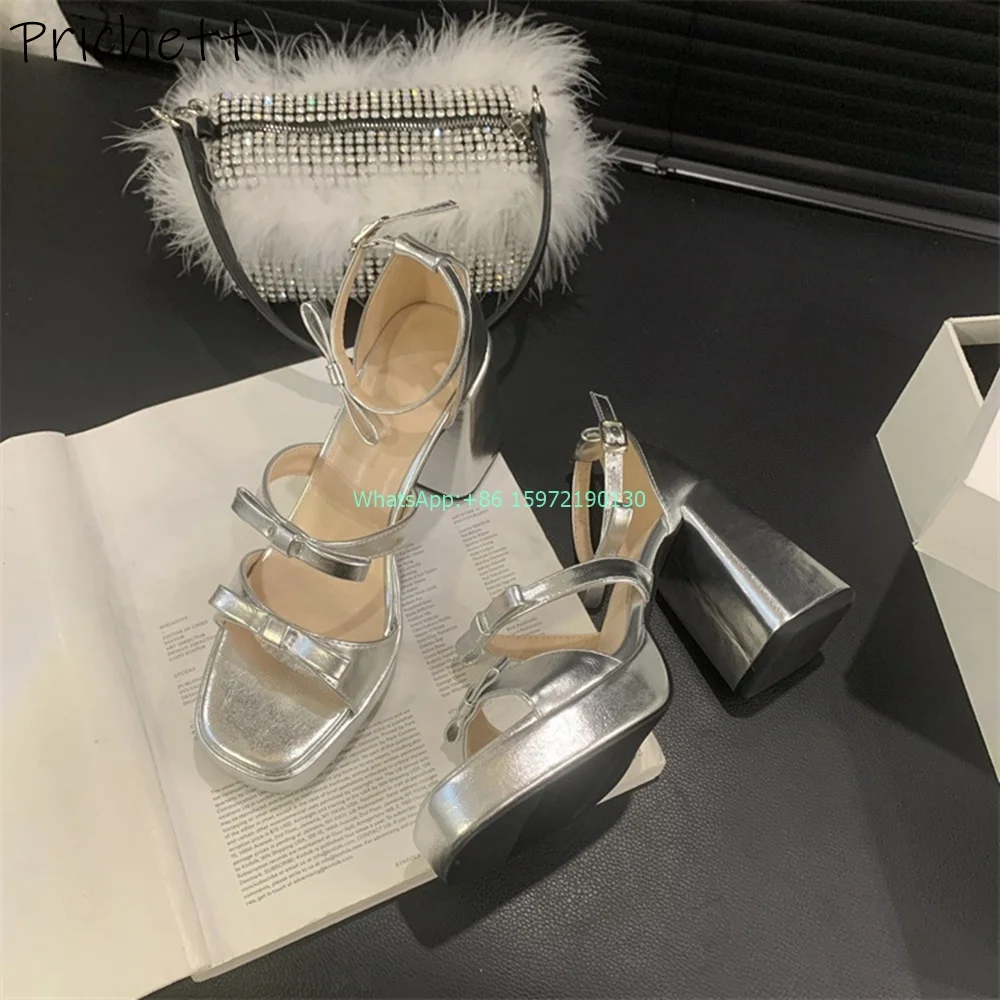

Platform Butterfly Knot Sandals Strange Style Heels Buckle Square Toe Straight Strap Shoes Sexy Runway Solid Ladies Shoes