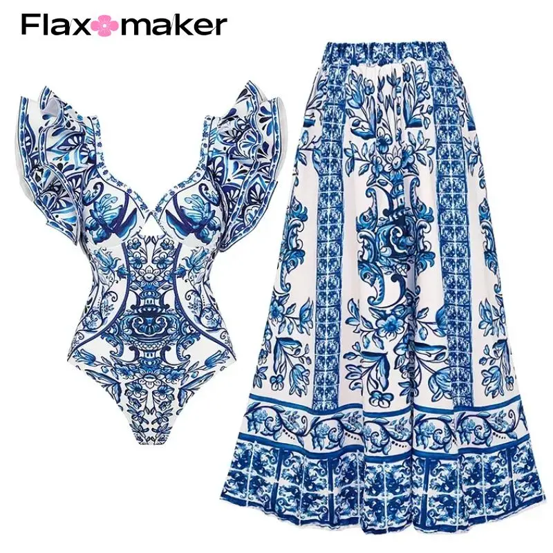 

FLAXMAKER Ruffle Shoulder Printed One Piece Two-pieces Swimwear bikini Luxury Bathing Suit Tankini bodysuit Monokini