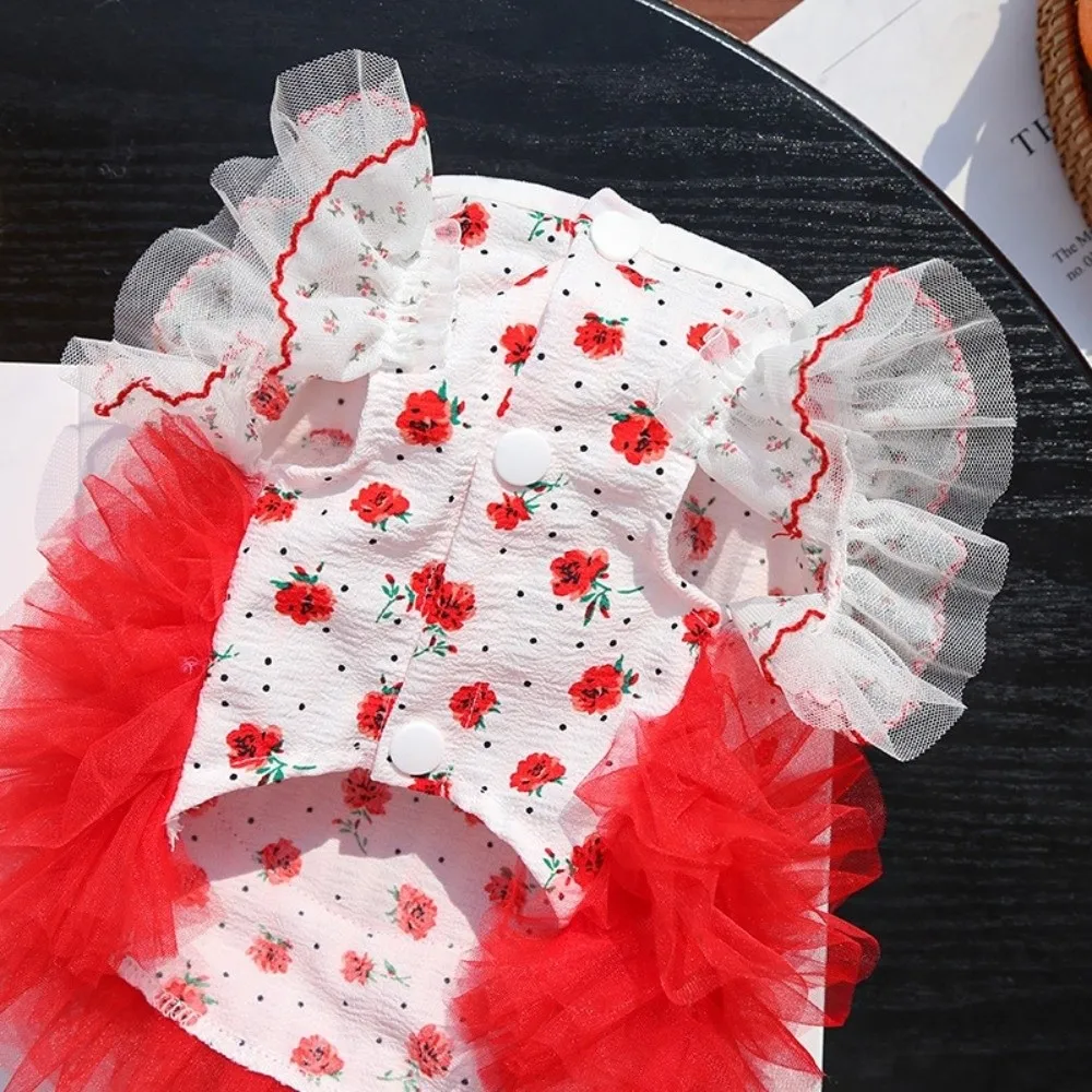 

Rose Pattern Cat Tutu Skirt Flutter Sleeves Thin Breathable Pet Princess Dress Soft Puppy Floral Vest Bichon Frise Dog