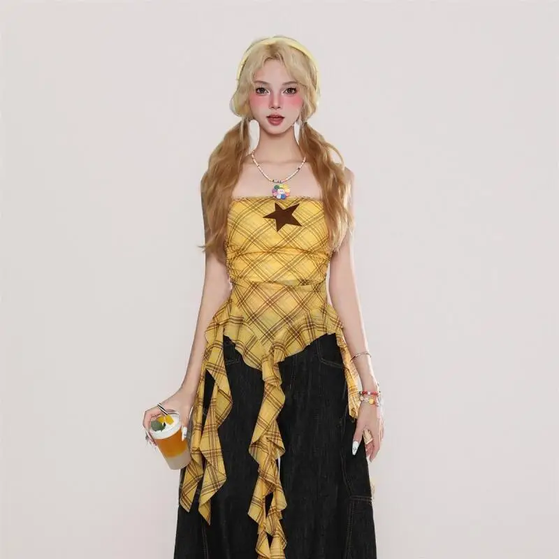 Vintage Women's Star Embroidery Strap Camisole Summer Hot Girls Sleeveless Tops American Irregular Sexy Slimt-Shirt Y2K Clothing