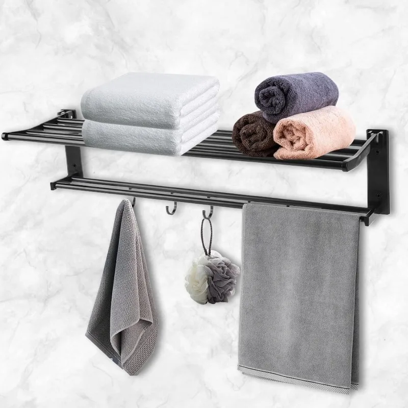 

Towel Racks Wall Mounted Foldable Towel Holder 5 Movable Hooks Rustproof Organizer for Bathroom Lavatory Hotel Bath Matte