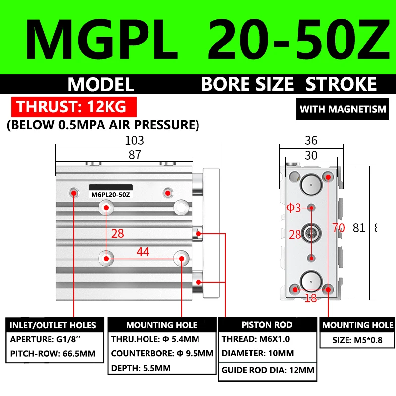 ABILKEEN MGPL Series Pneumatic Compact Guide Cylinder MGPL20-50Z 20MM Bore X 50MM Stroke Thin Three Axis Three Rod Air Cylinder