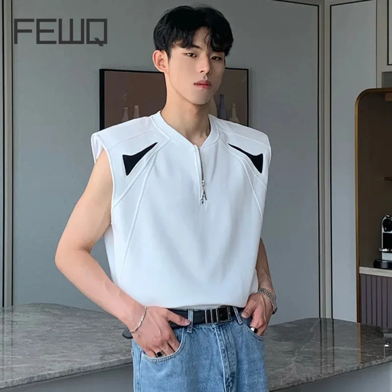 

FEWQ High Street Menwear Vest Shoulder Pads Patchwork Contrast Color Men's Tees O-neck Short Sleeve Summer Male Tank Tops 9C6774