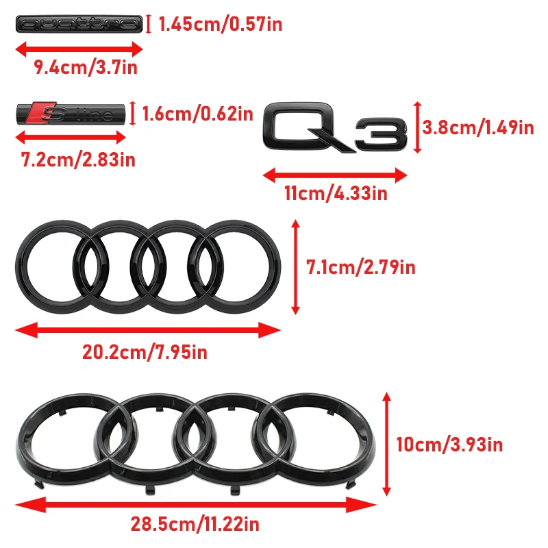 4Ring ABS Logo Black Car Hood Front Grille Emblem Rear Trunk Badge Sticker Auto Accessories For Audi Q3 2013-2022 Sline Quarrto