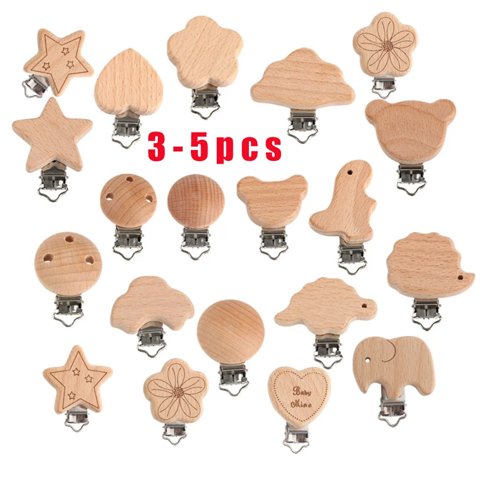 3/5Pcs Beech Woode Pacifier Clip Animal Shape Wooden Clip Metal Holder DIY Pacifier Chain Crafts Accessories