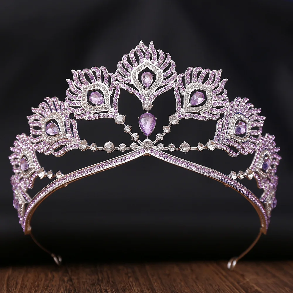 DIEZI Baroque Luxury Princess Green Purple AB Crystal Tiara For Women Girls Wedding Party Vintage Queen Crown Hair Accessories