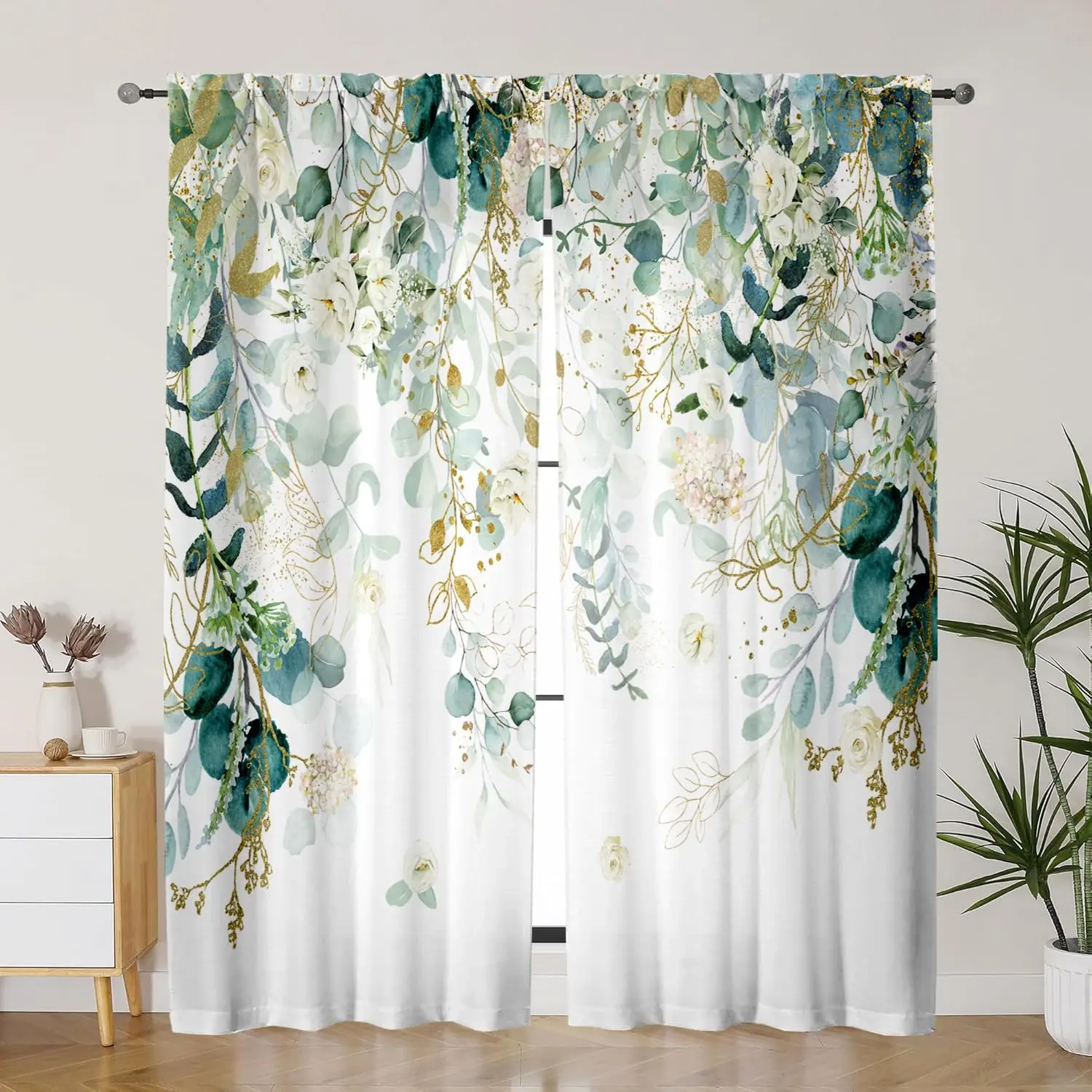 Leaves Window Curtains, Spring Botanical Leaf Blackout Curtain for Kitchen, Living Room Farmhouse Herbaceous Plant Window Drapes