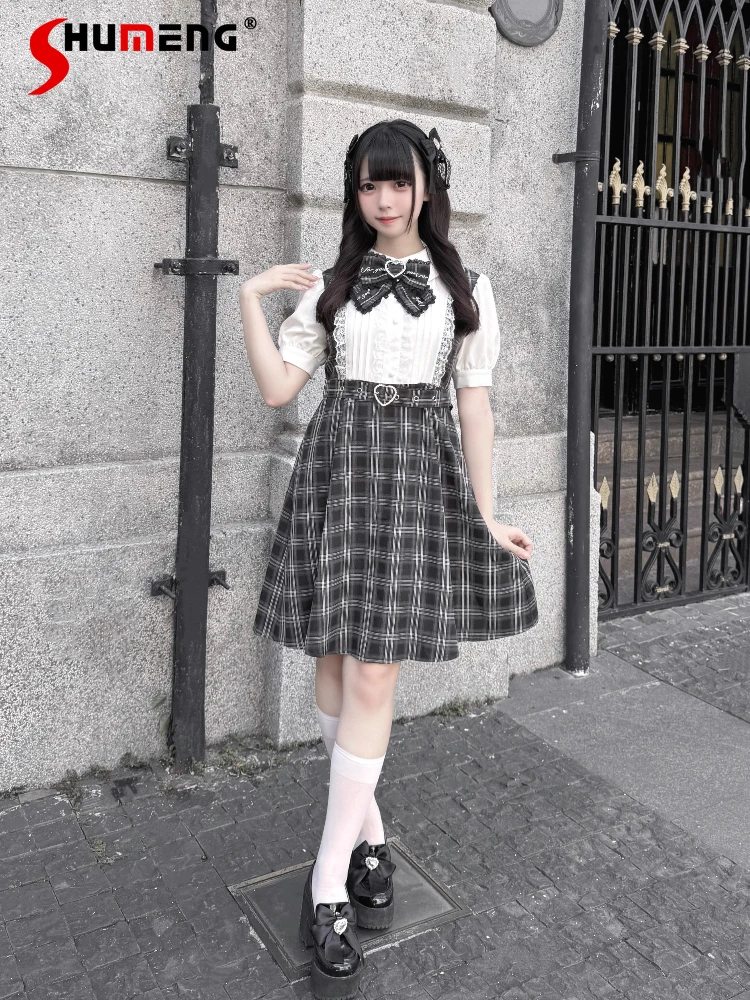 

Japanese Mines Style Subculture Sweet Girls Y2K Dress Bow Puff Sleeve Lace Patchwork Heart Buckle Plaid Lolita Dress For Women