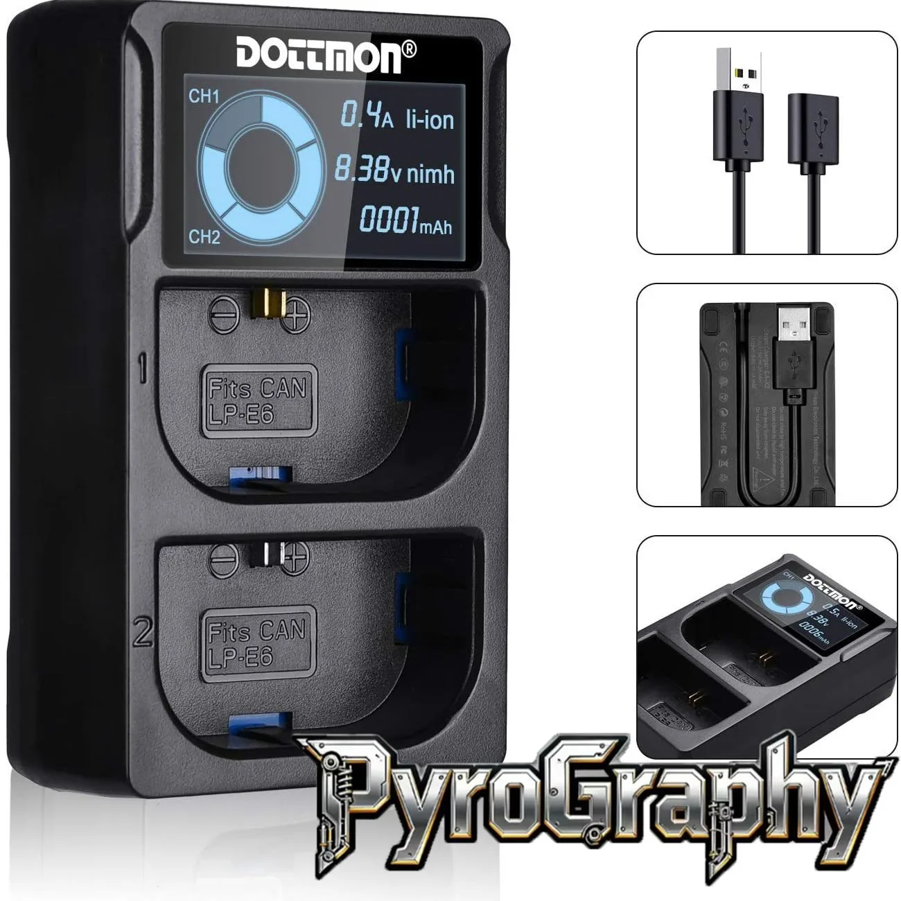 

Комплект зарядного устройства для камеры PyroGraphy LP-E6 с двумя слотами USB, быстрая зарядка, емкость аккумулятора ЖК-дисплея для CanonEOSR6II R6III