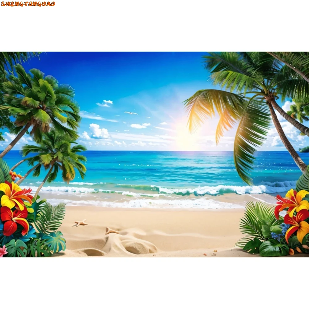 Summer Seaside Backdrop Tropical Ocean Beach Palm Tree Baby Birthday Wedding Holiday Party Photography Background Photo Studio