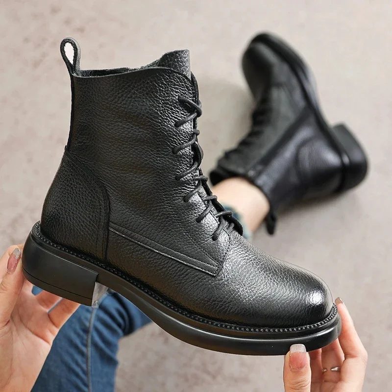 Spring Lady Ankle Boots Genuine Cow Leather Platform Shoes For Women Winter Youth Girls Soft Sole Thick Heel Knight Snow Boots