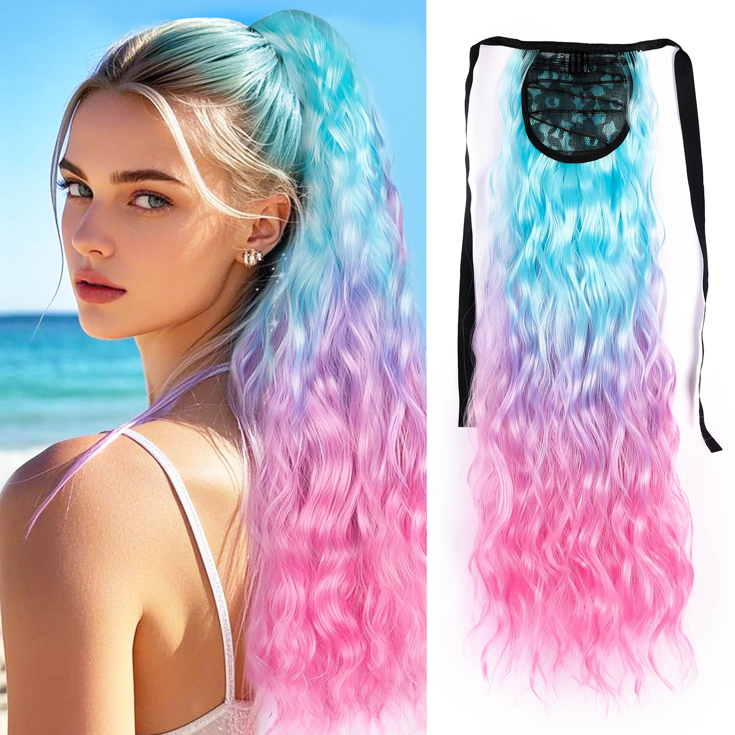 Synthetic Colored Ponytail Extensions Blue Purple Pink Ombre Color Water Wave Pony Tail Hairpieces for Women Girls Daily Party