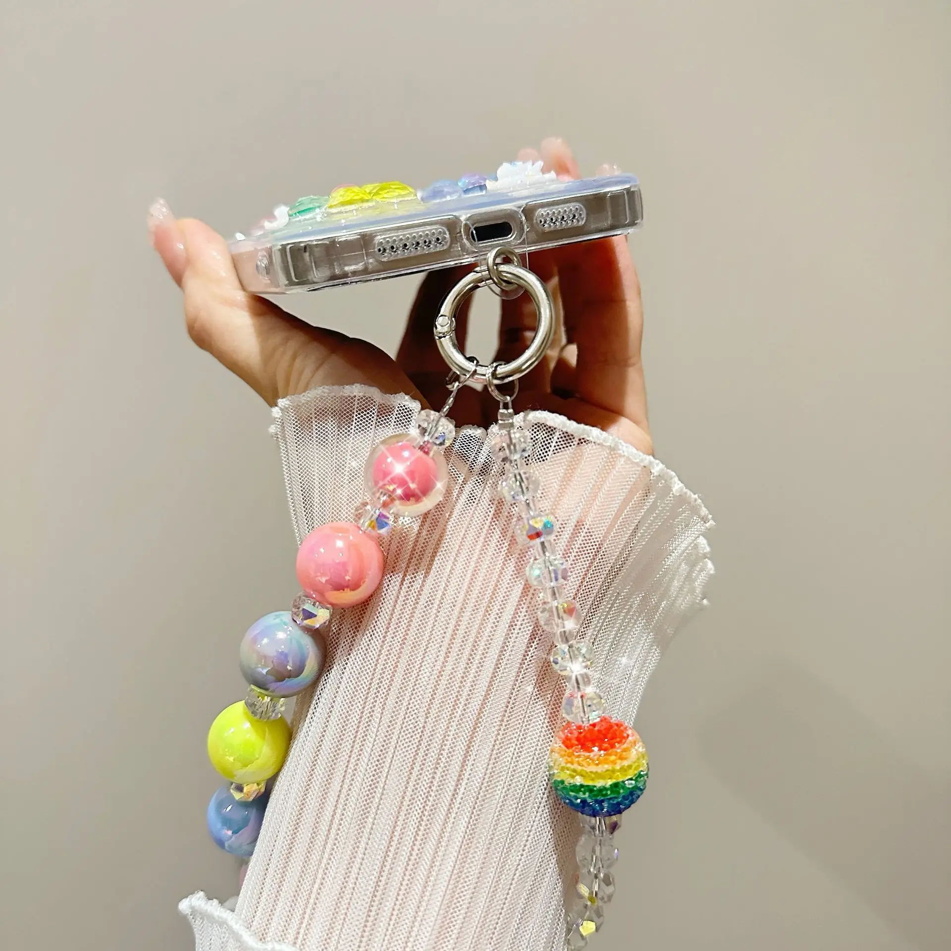 

For Mobile Phone Chain Keychain Gradient Dopamine Rainbow Crystal Bracelet Gold Foil BeadedCrystal Starry Sky Girl Bag Lanyard