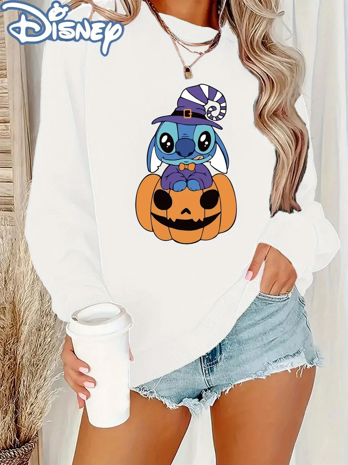 Disney stitch impressão feminina em torno do pescoço moletom pulôver unisex velo moda casual outono e inverno oversized