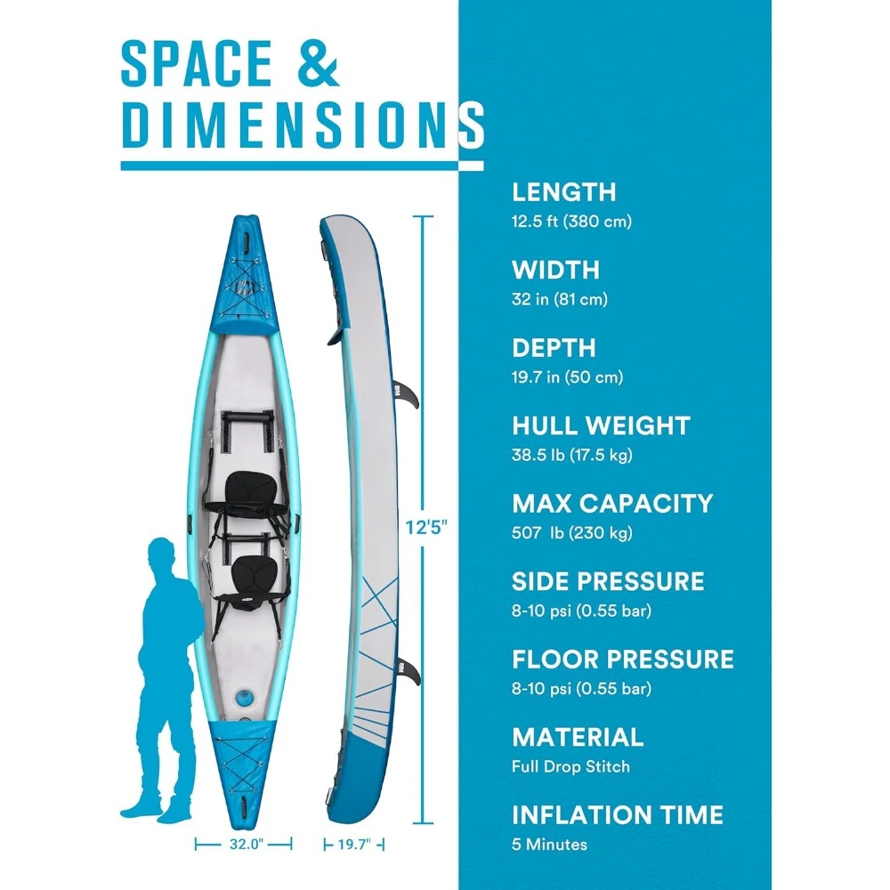 Kayak tiup 2 orang dewasa-Drop Stitch Kayak Tandem | Dengan dayung aluminium, kursi, pijakan kaki, pompa, sirip, 12.5ft