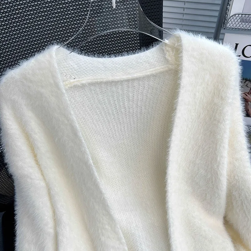 Cardigan lavorato a maglia in peluche da donna maglioni lunghi con scollo a V solido allentato semplice confortevole morbido primavera autunno