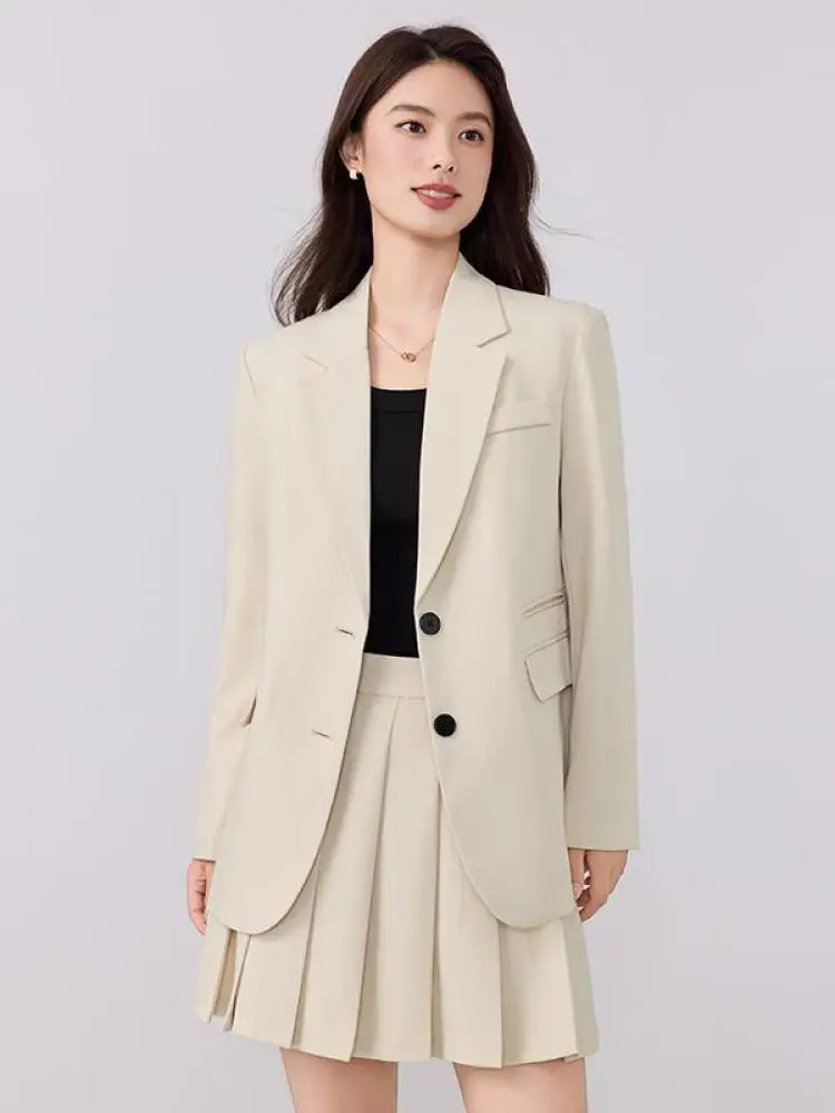 

Korean Women Autumn Solid Elegant Office Single Breasted Long Sleeve Blazer Coat And High Waisted Short Skirt Two-piece Set Chic