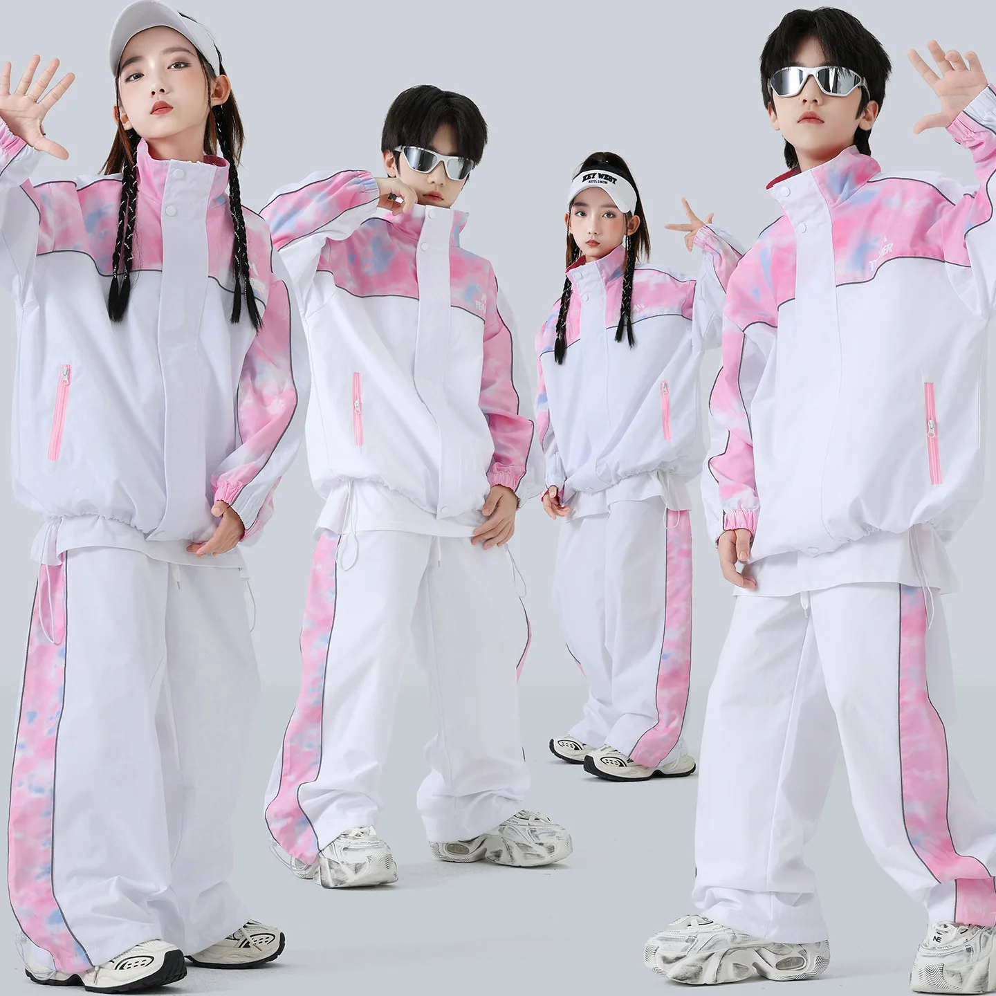キッズK-POPヒップホップ服 ホワイトピンクプリント ウィンドブレーカージャケット カジュアルワイドパンツ 女の子男の子 ストリートダンスコスチュームセット服