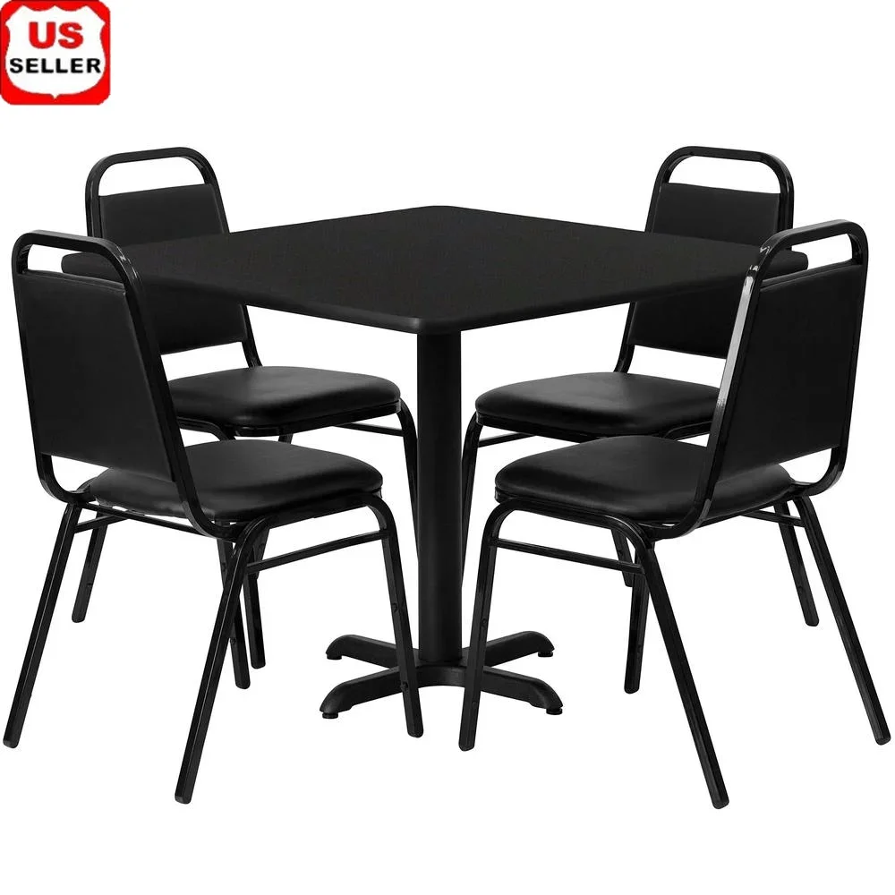 Set meja makan persegi 5 buah, dengan dasar X dan 4 kursi belakang trapesium tahan lama restoran Cafe Banquet Furniture