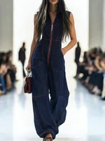 Onecozyday Women's Dark Blue Contrast Stitch Sleeveless Denim Wide Leg Jumpsuit Summer Stylish Loose Fit Streetwear Jumpsuits