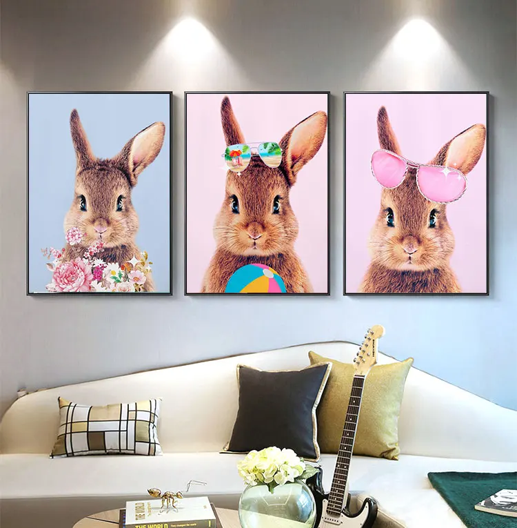 Rabbit Nursery Prints Safari Decor Woodland Bunny Poster Canvas Painting Wall Art Picture for Living Room Home Decor Modern Gift