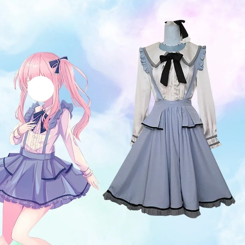 

Game Akiyama Mizuki Cosplay Costume Blue Dress Maid Uniform Role Play Outfit Pink Wig Full Set for Women Theme Party