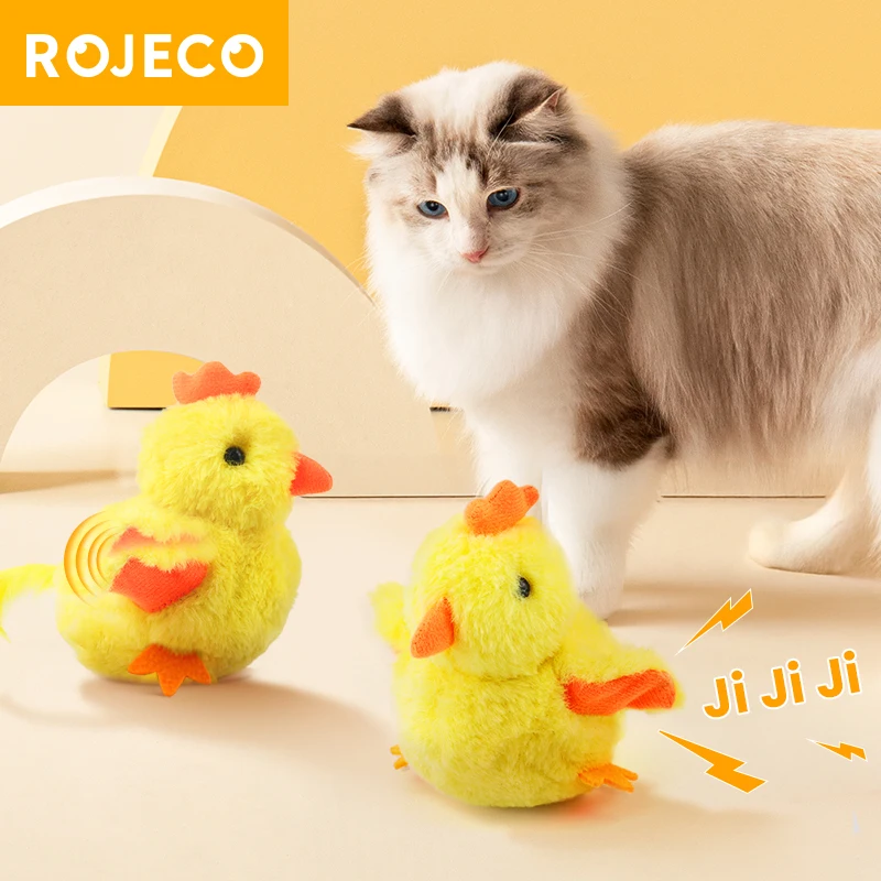 ROJECO Katzenminze-Katzenspielzeug, interaktives, klappendes Küken mit realistischem Küken-Sound, Fernbedienung, wiederaufladbares, flauschiges Plüsch-Katzenspielzeug