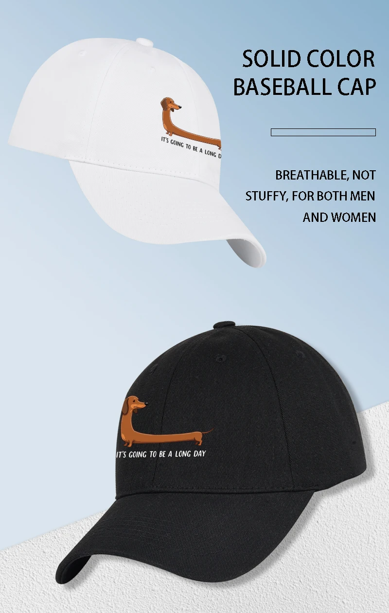 Lustige Baseballkappe mit Dackel-Aufdruck „Long Day“ – verstellbar, sonnenschützend, lässige Streetwear, Unisex-Soft-Peak-Dad-Cap – Detail 1