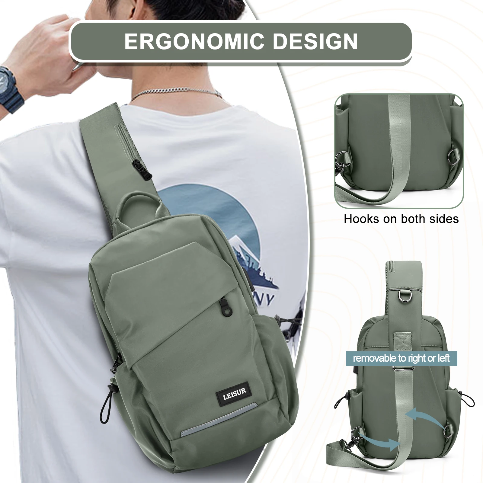 حقيبة صدر للرجال ، حقيبة كتف ، ركوب الدراجات في الهواء الطلق ، حقيبة كتف واحد ، حقيبة ظهر ذات سعة كبيرة مع USB ، مضادة للرش ، عصرية