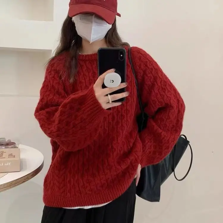 Japanese Loose Vintage Knit O-neck Pull Femme Solid Simple All-match Casual Long Sleeve Warm Sweaters 2024 Fall Winter Chic Top