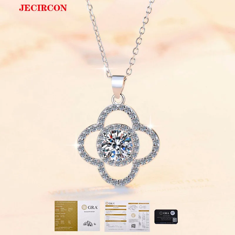 

JECIRCON Moissanite 925 Sterling Silver Necklace for Women 1CT Flower Pendant Light Luxury Clavicle Chain Fashion Jewelry Gift