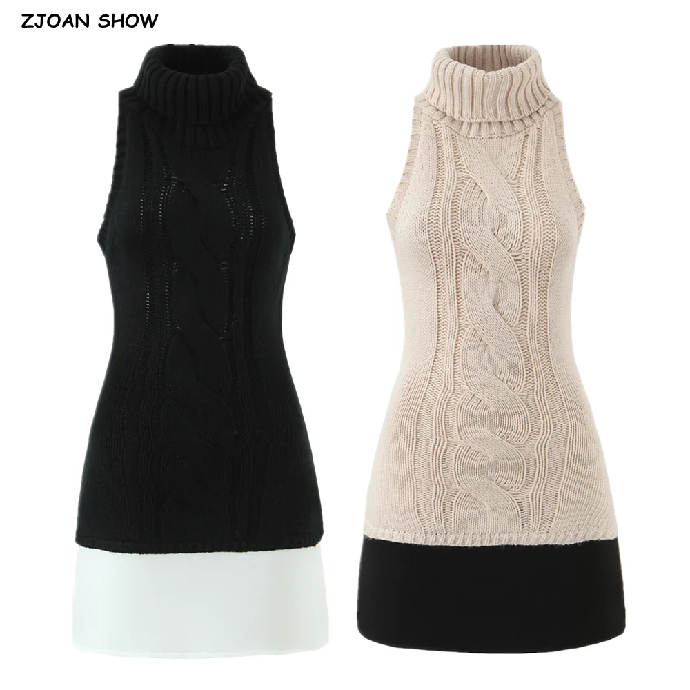 2025 Sexy High Collar Sleeveless Knitted Sweater Dress Women Contrast Color Hem Package Hips Short Tank Dresses Skinny Robe