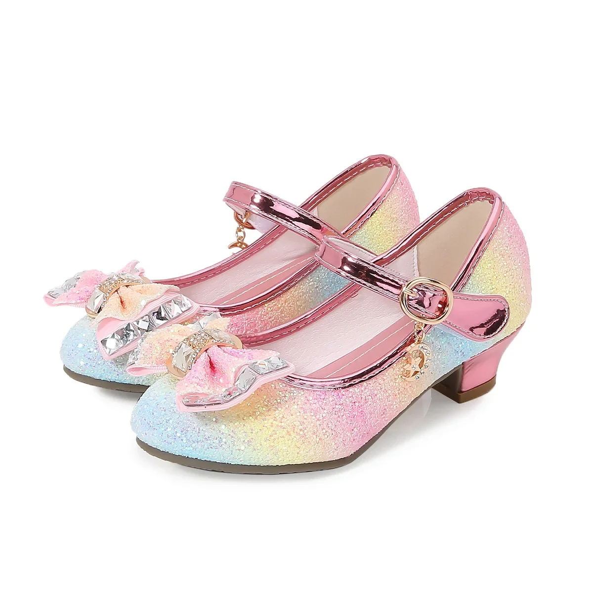 Girls Leather Shoes for Kids Bow Princess Shoes Fashion Sequined High-heeled Brand Designer Children Student Dance Shoe