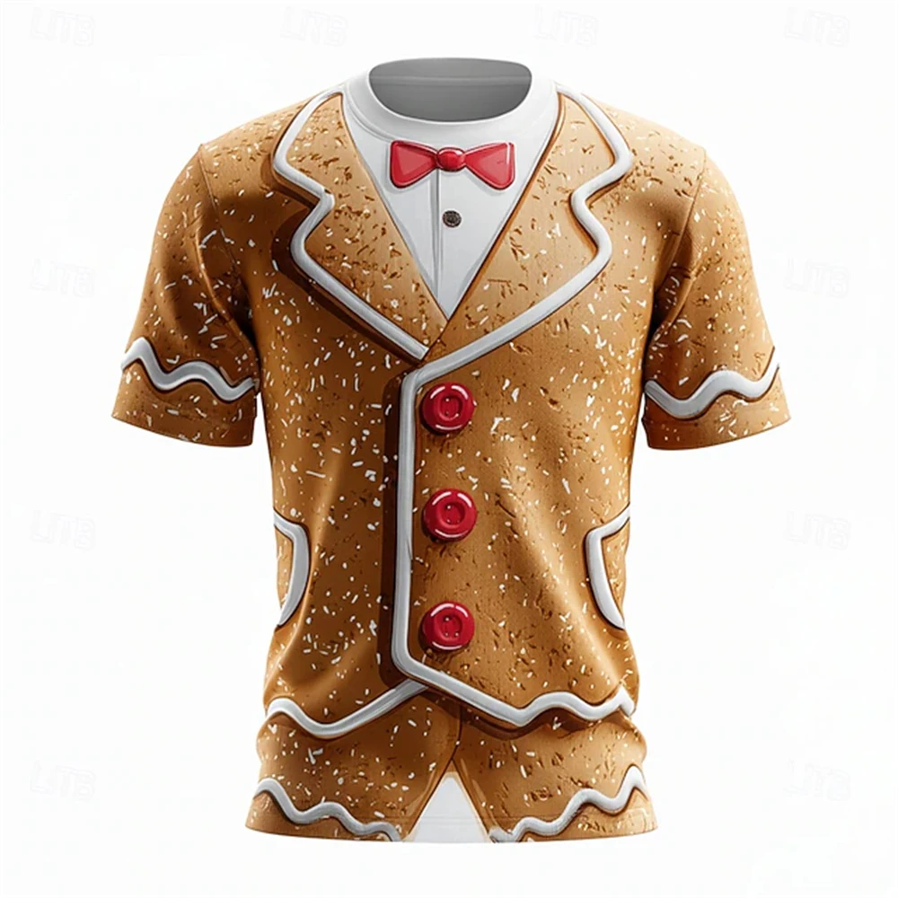 Cookies 3D T-shirt Fake Suits Print T-shirt For Men 2025 Holiday Short Sleeve Gingerbread Man 3d Printed T-shirt Casual Y2k Tops