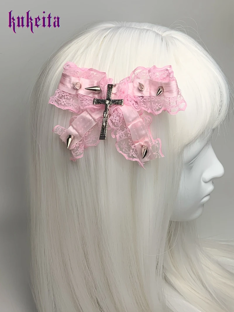 

Kukeita Handmade White Black Pink Blue Bow Lace Hairpin Y2k Gothic Girls Cross Rivet Chic Hair Clips Headwear Hair Accessories